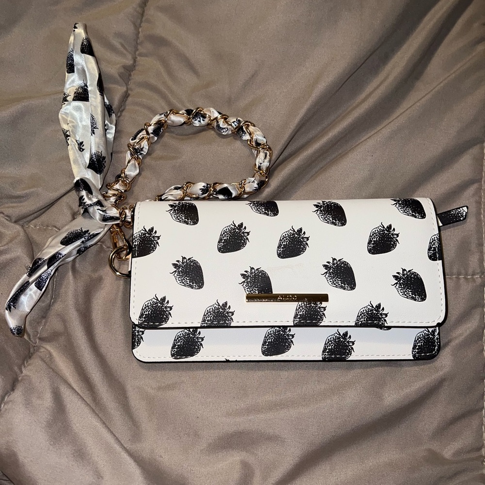 Aldo White and Black Strawberry-Print Chain Handle Crossbody